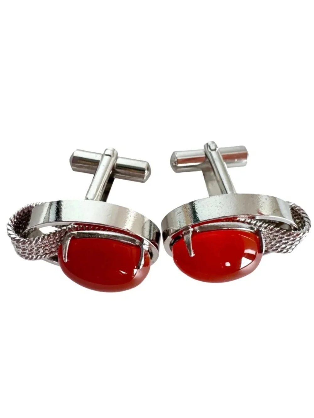 Vintage Red Cabochon Cufflinks Silver Tone Oval Mens Formal Jewelry Groom Gift